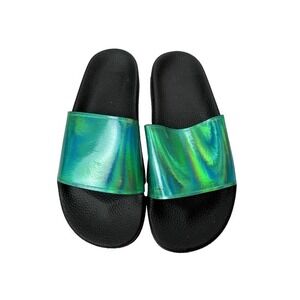 Holographic green Slide Sandals Black Sole Womens‎ Casual Nordstrom Sz 40 9.5 KC